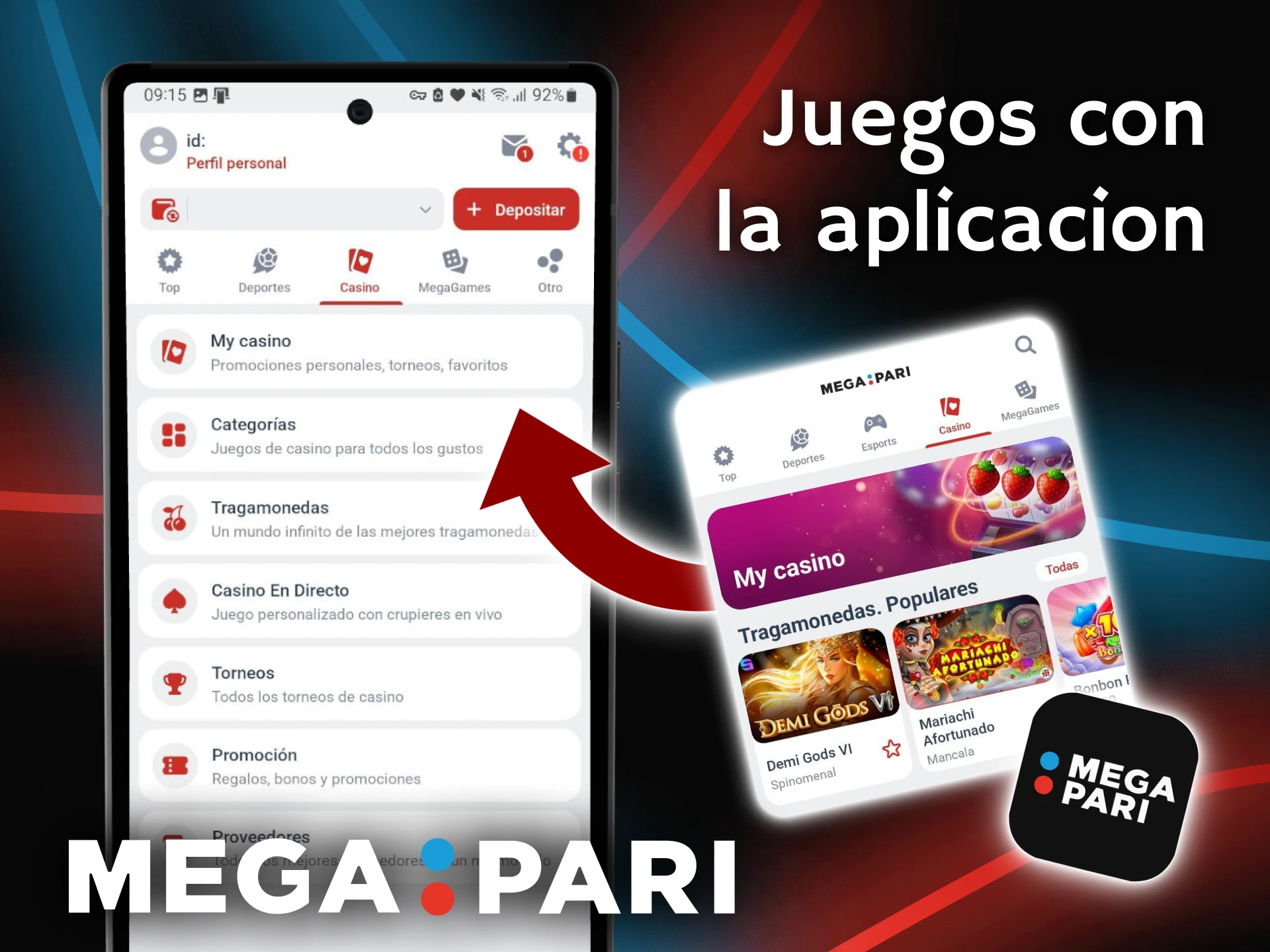 Interfaz de la aplicación móvil de Megapari mostrando la navegación por el menú y el catálogo de juegos de casino.