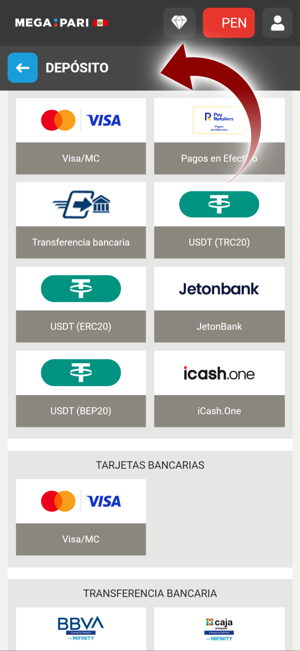 Megapari Perú ofrece solo las opciones de depósito más confiables.