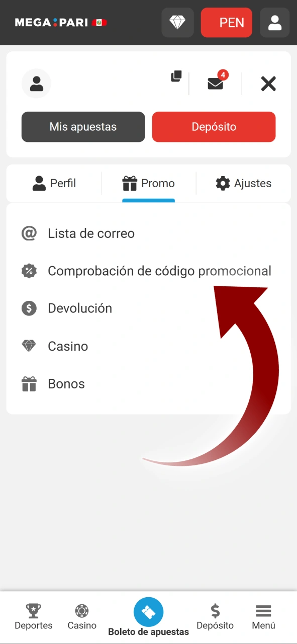 Haz clic en Comprobación de código promocional en el menú de tu cuenta Megapari.