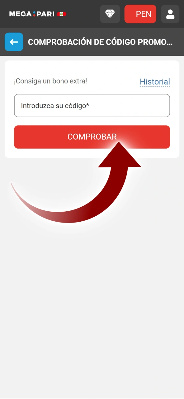 Introduce el código promocional de Megapari y confírmalo.