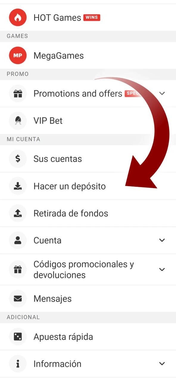 Encuentre el símbolo Hacer un depósito en el menú de su cuenta Megapari.
