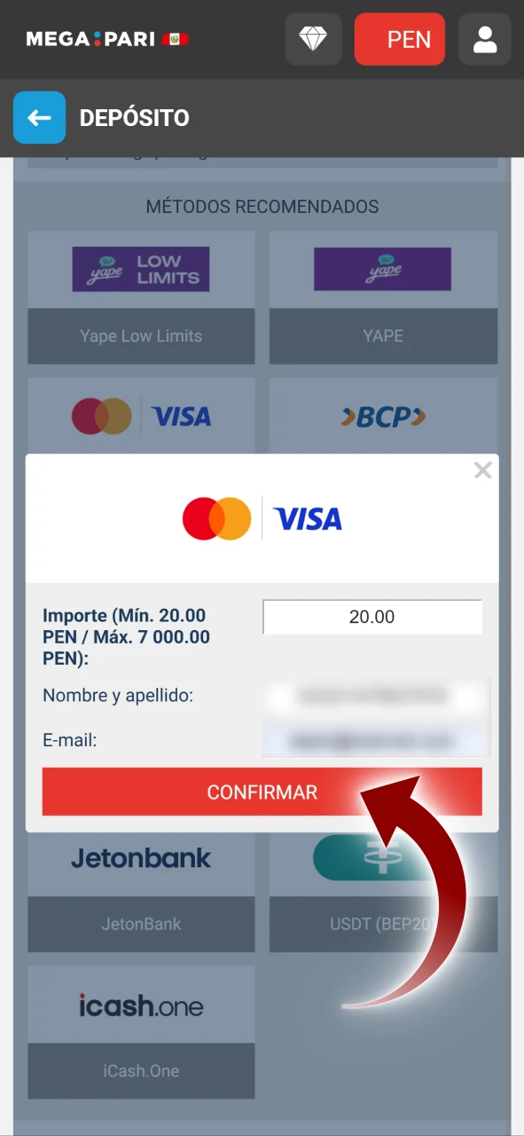 Confirme sus datos y realice un depósito en Megapari.