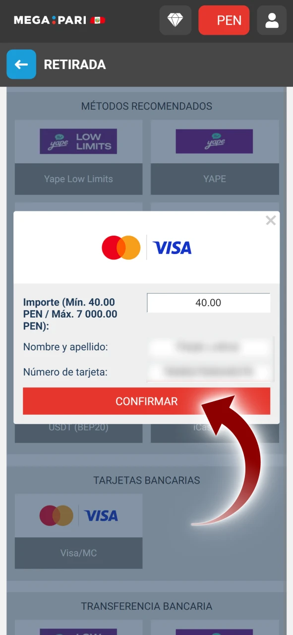 Complete la transacción de retiro a Megapari y haga clic en el botón confirmar.