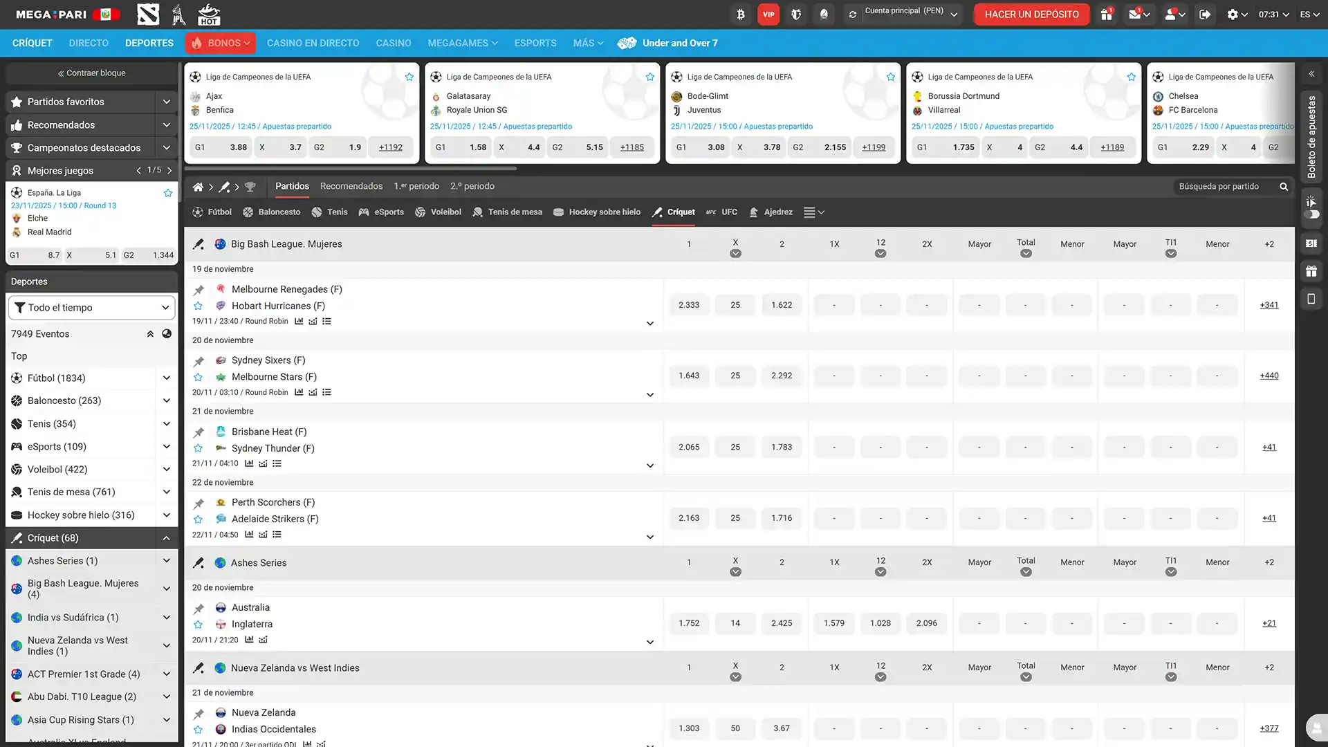 Encuentra tu equipo favorito en la página de deportes del sitio web de Megapari Perú.