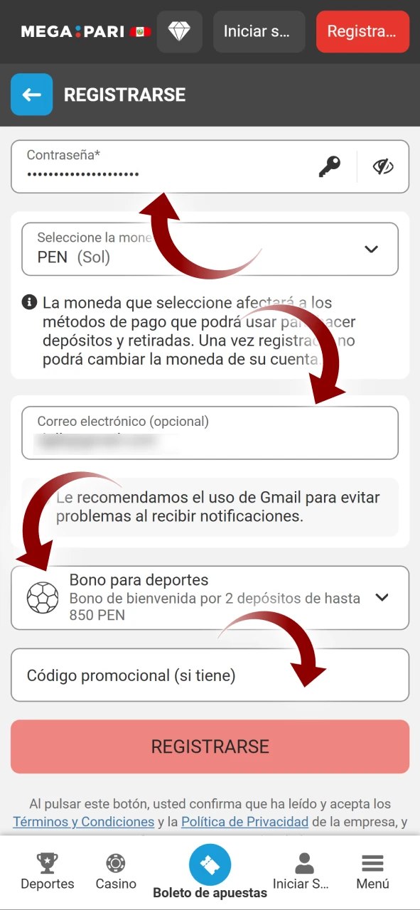 Complete toda la información restante de su cuenta Megapari.