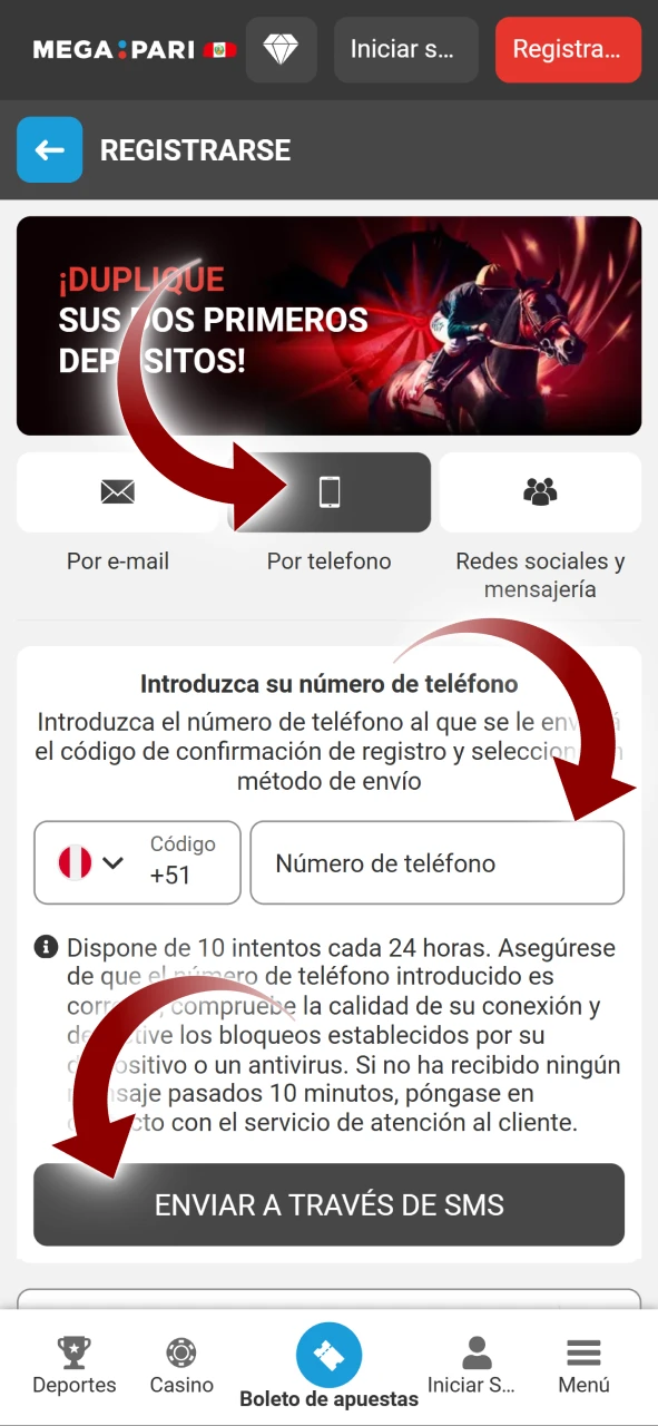 Elija el método de registro utilizando su número de teléfono en Megapari.
