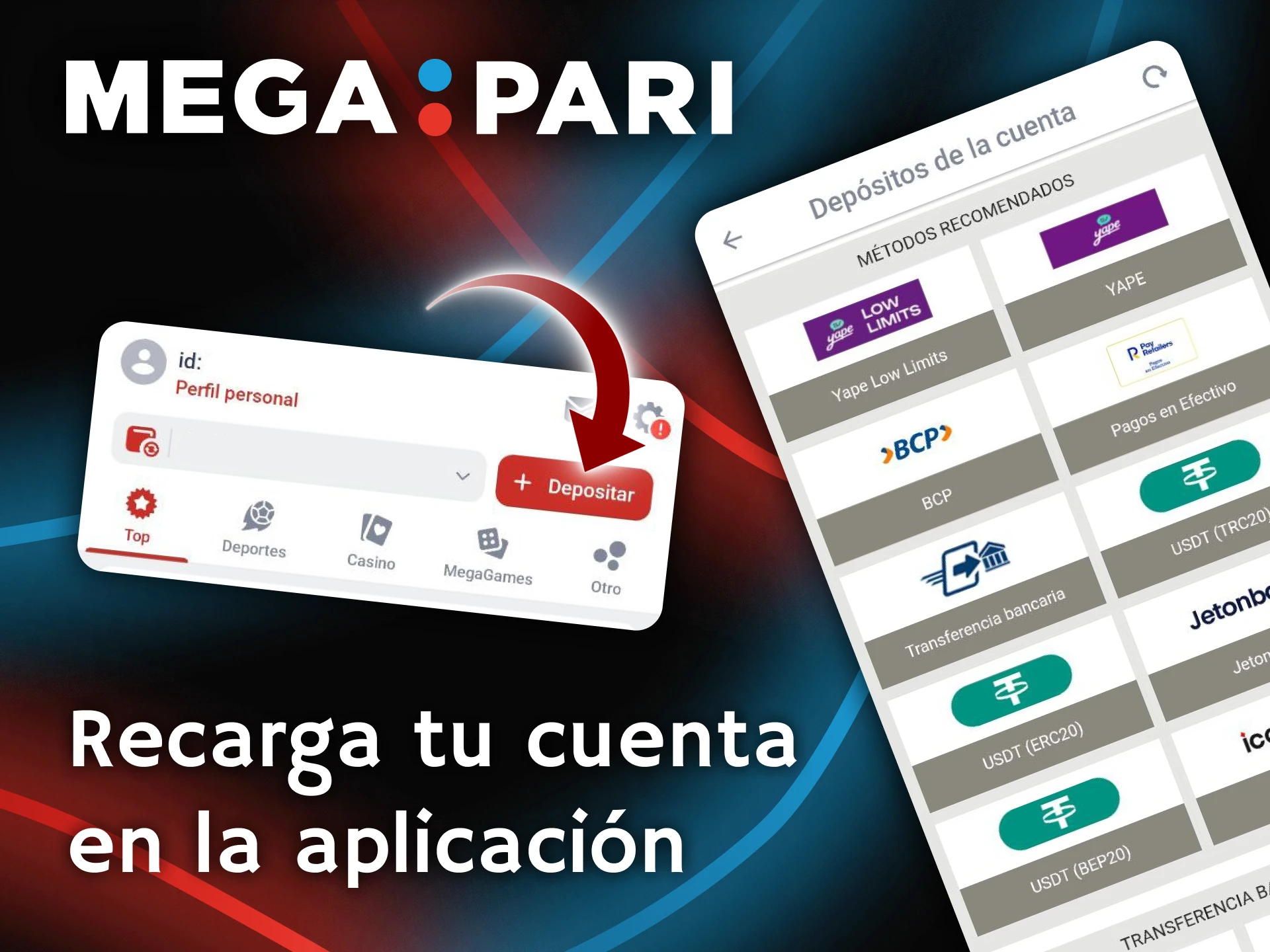 Recarga tu saldo fácilmente usando los diversos métodos disponibles en la app Megapari.