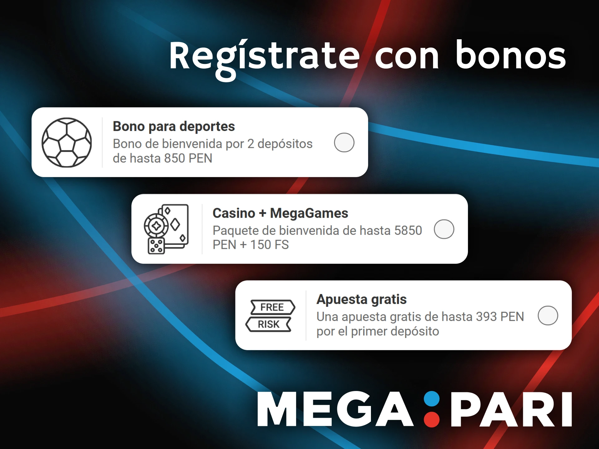 Selecciona el mejor bono de bienvenida al registrarte hoy mismo en Megapari.