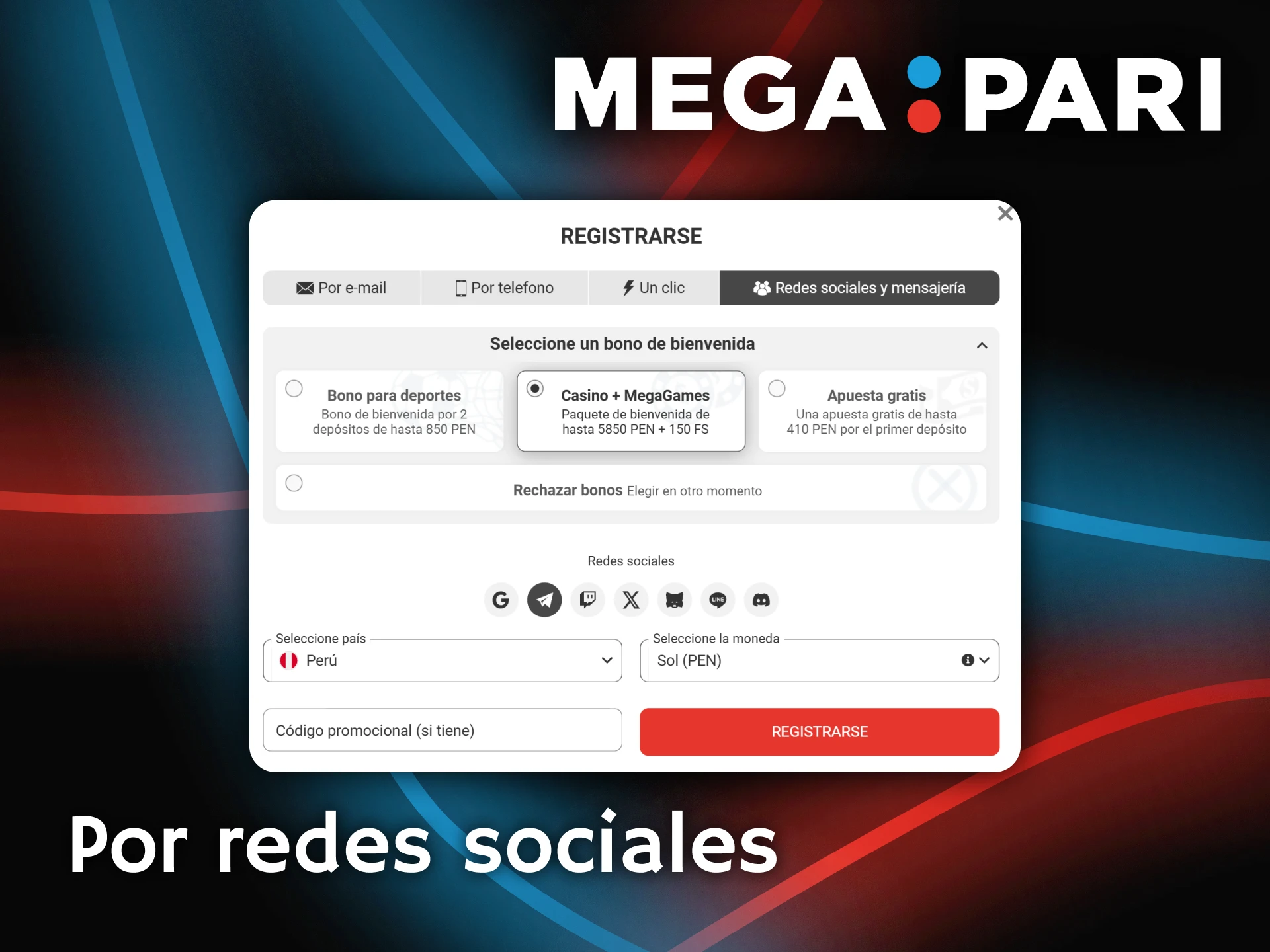 Vincula tus redes sociales favoritas para un registro inmediato en la plataforma Megapari.